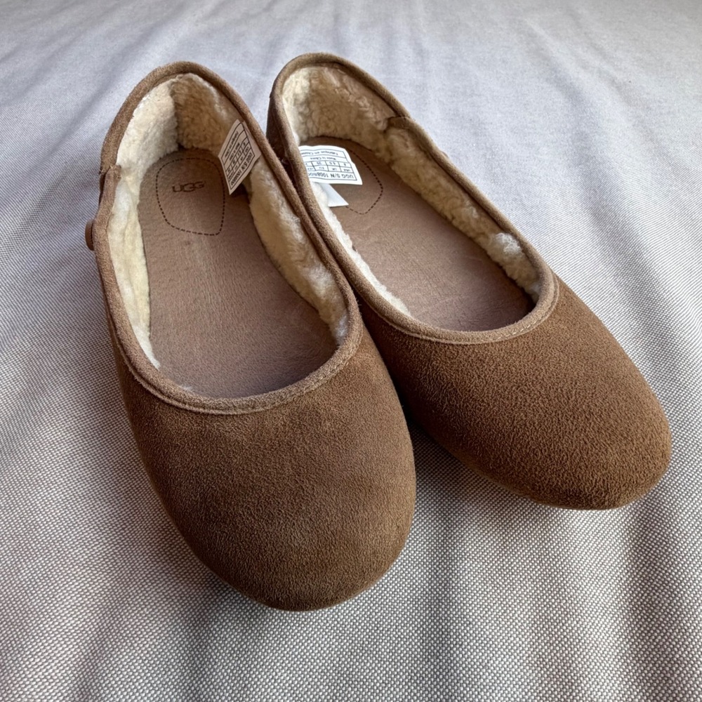 UGG Chestnut Suede Sheepskin Lined Ballet Flats Size 8 Button